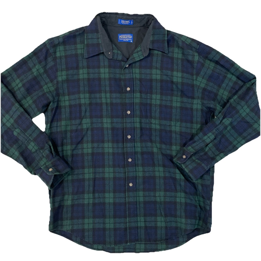 VTG Pendleton SoLo Mens XL Green & Blue Plaid Wool Long Sleeve Button Up USA - Picture 1 of 7